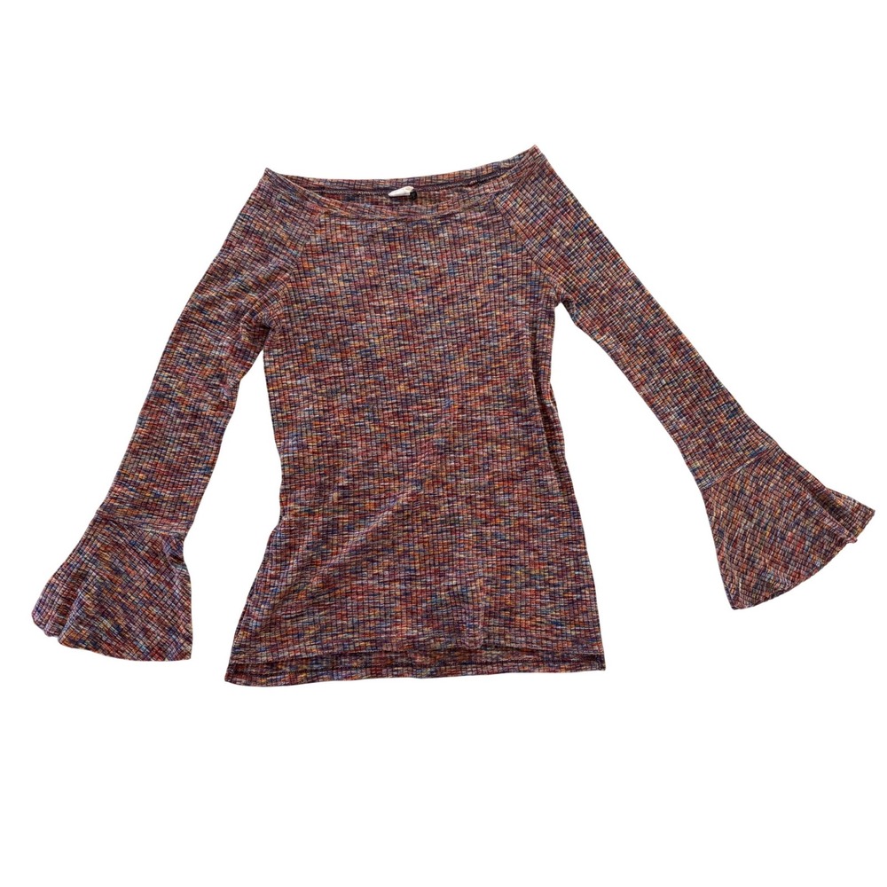 Kemi + Kin Multi Color Space Dye Ribbed Bell Sleeve Top Womens Small